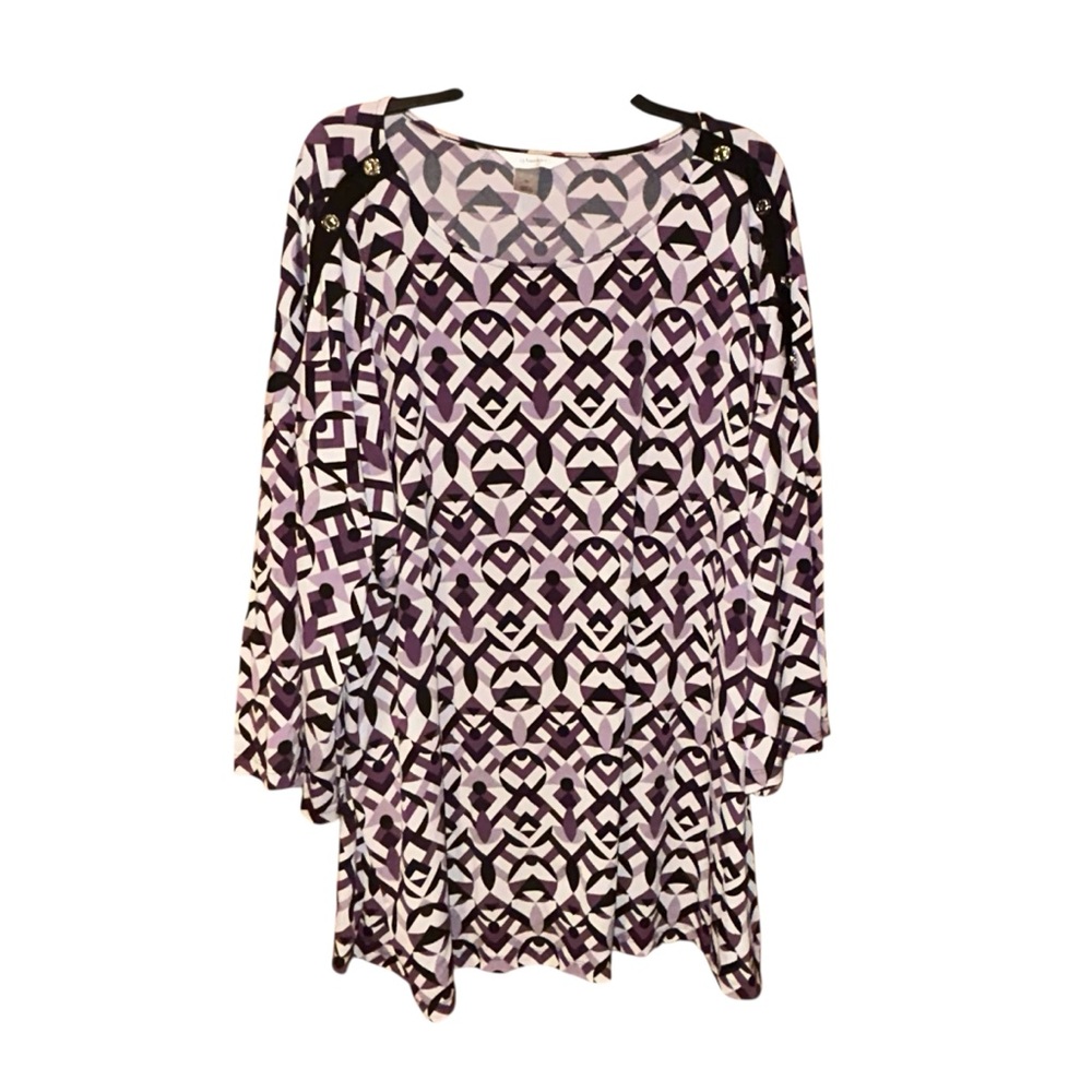 CJ Banks Womens‎ Plus Geometric Print Blouse Top Purple Black White 3X Relaxed